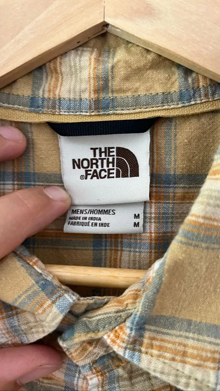 The North Face Men's Yellow Plaid Short Sleeve Button Down Shirt Size Medium Hem